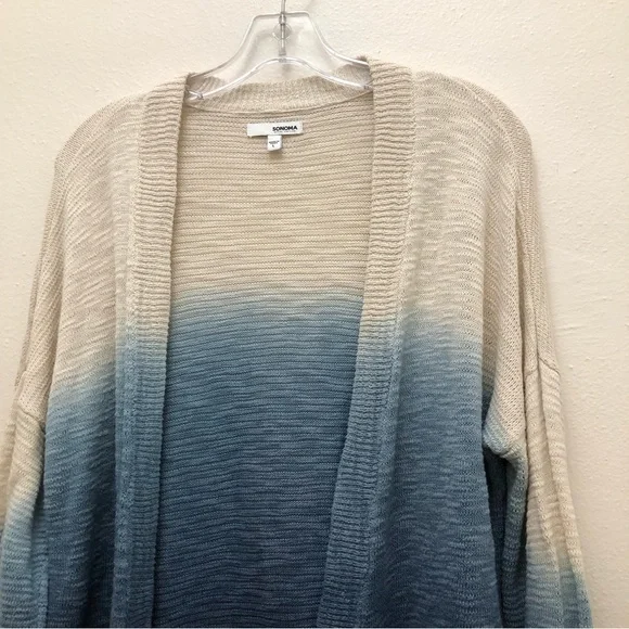 Sonoma W Size L Cream/Blue Color-Block Drop Shoulder Open-Front Cardigan Sweater - Picture 3 of 9
